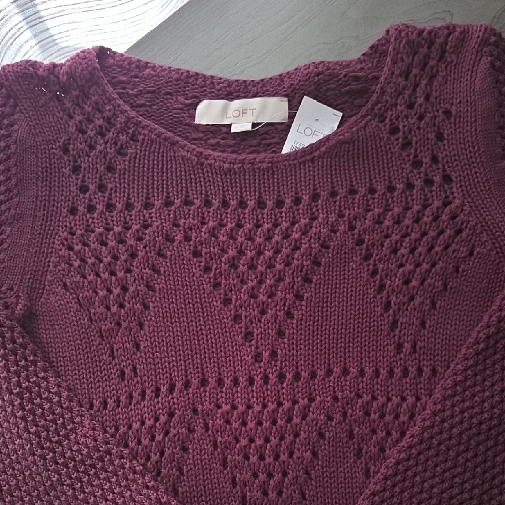LOFT Plum Pointelle Triangle Crew Neck Sweater Size S